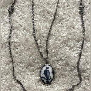 Vintage‎ Goldette Peacock Bird Porcelain Long Chain Necklace Floral Embossed